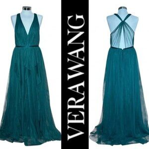 VERA WANG WHITE COLLECTION FOREST/TEAL GREEN CRISSCROSS BACK SLEEVELESS DRESS